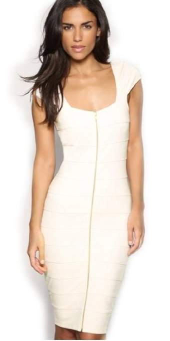 F66616  White Cap Sleeve Front Zip Bodycon Pencil Dress